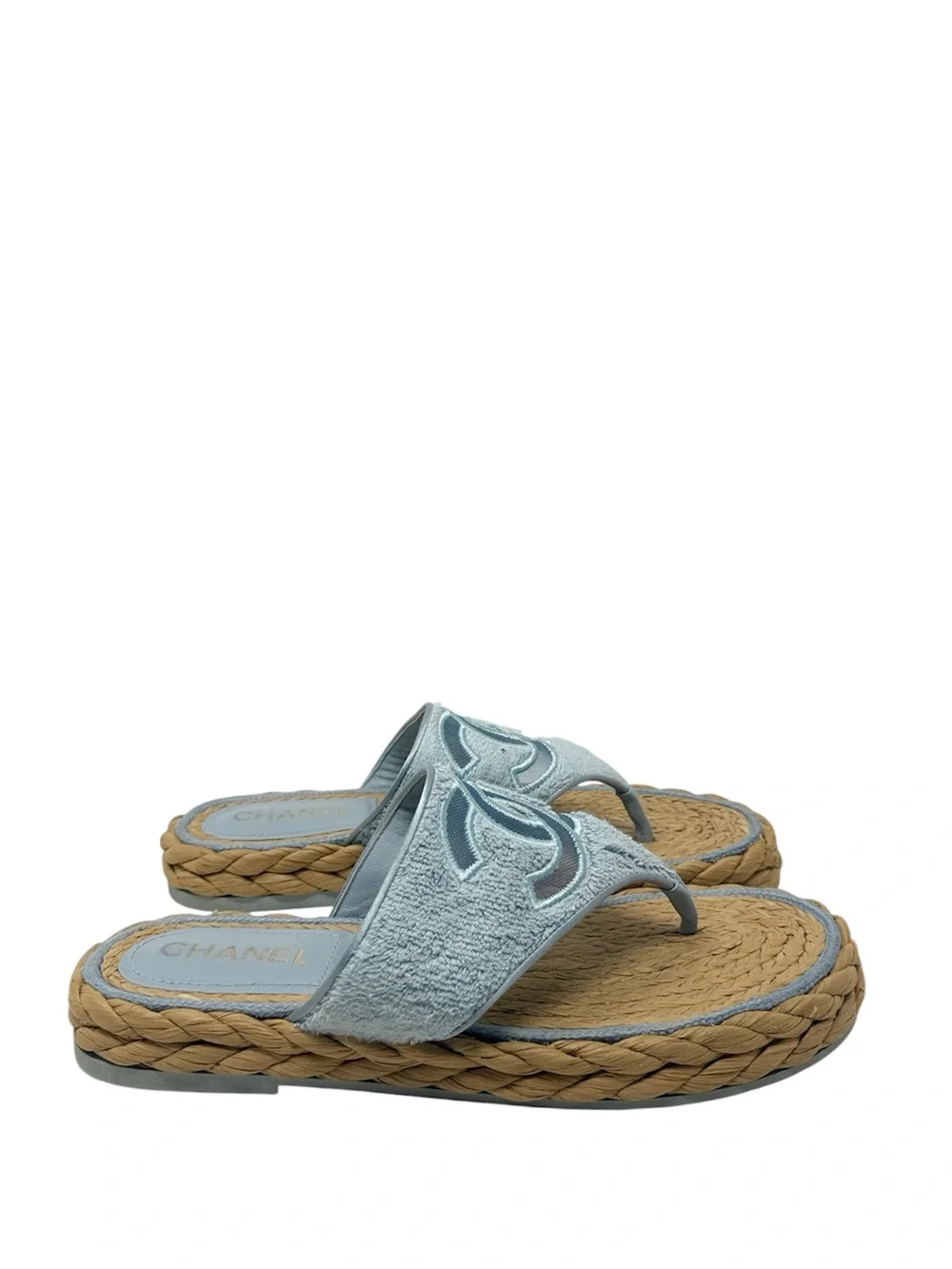 Chanel CC Terry Blue Thong Raffia Flat Slide Flip Flop Sandals Size 40.5